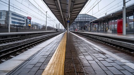 Poster - Empty Train Station Platform Under Rainy Overcast Sky Featuring Wet Pavement and Distinctive Architecture : Generative AI