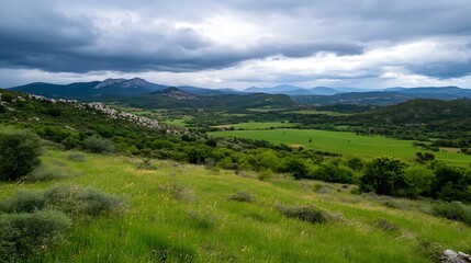 Poster - Lush green hills and valleys under a dramatic stormy sky in a picturesque rural landscape : Generative AI