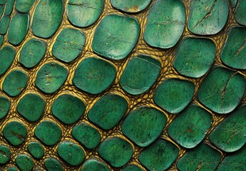 Poster - Textured Surface of Green Crocodile Skin Illustrating Nature's Pattern with Intricate Details and Rich Color Variations