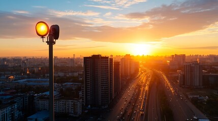 Poster - Stunning urban sunset view with cityscape skyline and traffic line through the city : Generative AI