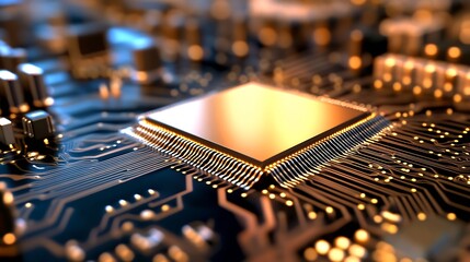 Leinwandbilder - Close Up of a High Tech Microprocessor Circuit Board with Gold Highlights : Generative AI