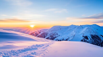 Poster - Majestic winter landscape with golden sunset over snow-covered mountains in breathtaking nature : Generative AI