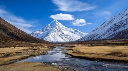 Poster - Breathtaking mountain landscape with a flowing river and snowcapped peaks showcasing nature's beauty : Generative AI