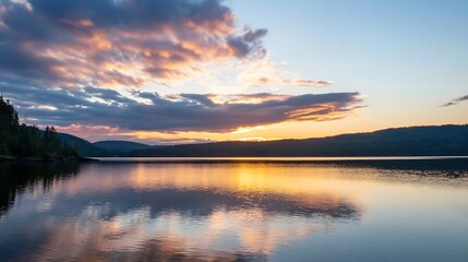 Poster - Breathtaking Sunset Over Calm Lake Reflecting Beautiful Clouds and Hills : Generative AI