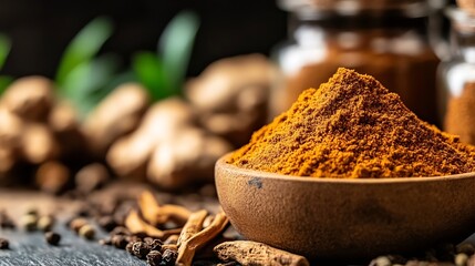 Poster - Delicious organic turmeric powder in rustic bowl surrounded by spices showcasing natural richness : Generative AI