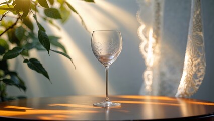 Poster - elegant glass on a wooden table illuminated by soft sunlight streaming through lace curtains