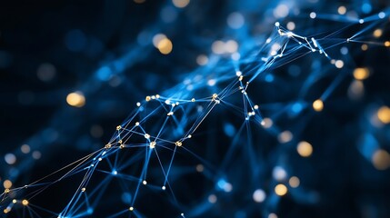 Fototapete - Abstract blue and gold digital network background featuring interconnected lines and glowing particles representing technology : Generative AI