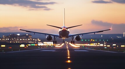 Poster - Airplane Taking Off at Twilight with Lights and Runway in the Background : Generative AI