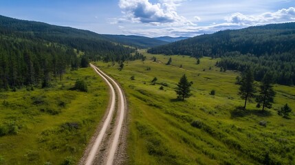 Aufkleber - Scenic Open Road Meandering Through Lush Green Valley Surrounded by Mountains Under Bright Sky : Generative AI