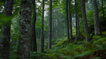 Aufkleber - Lush Green Forest Landscape with Tall Trees in a Misty Atmosphere : Generative AI