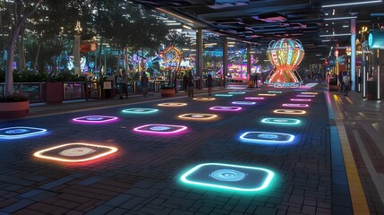 Aufkleber - Mesmerizing Holographic Amusement Park   Futuristic Virtual Reality Spectacle with Glowing Digital Rides and Vibrant Neon Lights in a Sci Fi Inspired Setting