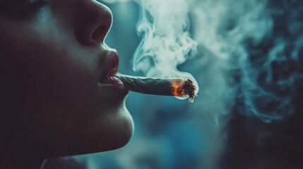 Poster - In a calm moment, a person exhales smoke as they hold a lit roll, creating a captivating contrast against the hazy atmosphere of twilight