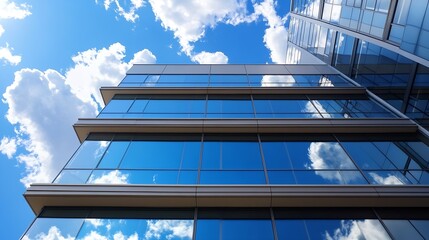 Aufkleber - Modern Glass Building Exterior Under Clear Blue Sky with Fluffy Clouds : Generative AI