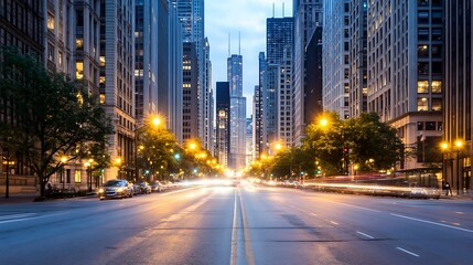 Poster - Dazzling city street illuminated at dusk showcasing urban skyline and vibrant lights of tall buildings : Generative AI