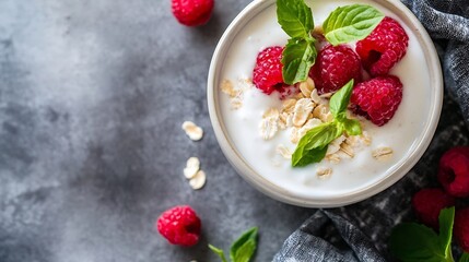 Poster - Delicious yogurt bowl topped with fresh raspberries and mint leaves perfect for breakfast : Generative AI