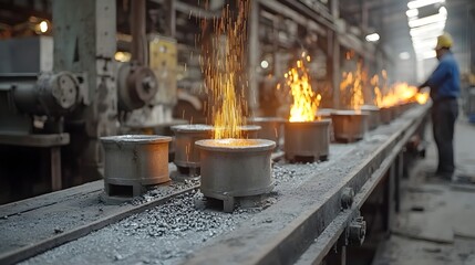 Poster - Permanent metal molds being used for repeatable and consistent casting of molten metal in an industrial manufacturing facility