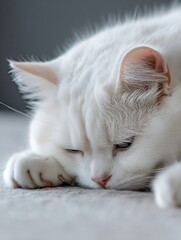 Poster - Closeup of a serene white cat resting peacefully on a soft surface : Generative AI