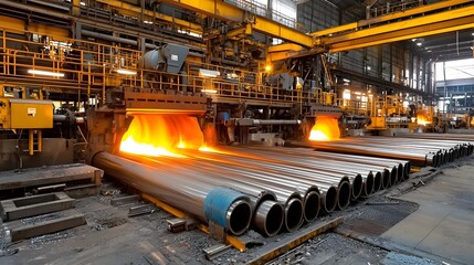 Poster - Molten metal being shaped by centrifugal force into hollow pipes within the intense heat and machinery of an industrial factory  The intricate metalworking process produces a dynamic