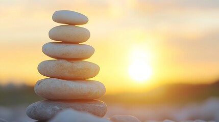Aufkleber - A tower of smooth pebbles beautifully balanced against a breathtaking sunset backdrop : Generative AI