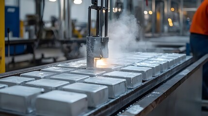 Leinwandbilder - Permanent mold casting process with molten metal being poured into reusable molds in an automated industrial factory or manufacturing workshop  High temperature metalwork metalcasting