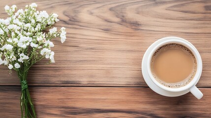 Aufkleber - Cup of coffee beside delicate white flowers on a rustic wooden table creating a cozy morning vibe : Generative AI