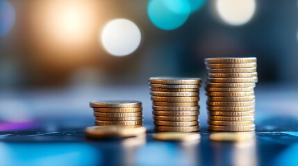 Aufkleber - Close Up View of Stacked Coins with a Blurred Colorful Background : Generative AI