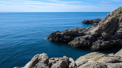 Leinwandbilder - Serene Coastal View of Blue Ocean Waves Against Rocky Shores on a Sunny Day : Generative AI