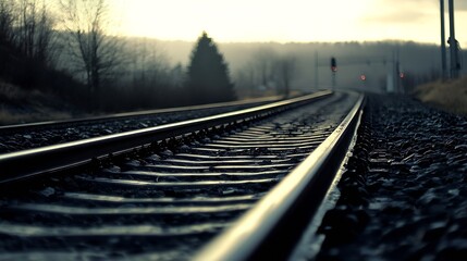 Poster - Railway Tracks Leading into Foggy Horizon at Sunset Creating Dramatic Mood : Generative AI
