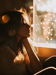 Aufkleber - Beautiful side profile of a young woman lost in thought illuminated by soft sunlight and sparkling reflections : Generative AI