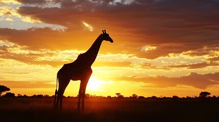 Aufkleber - Majestic Giraffe Silhouetted Against Breathtaking Sunset Sky : Generative AI