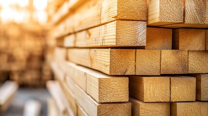 Aufkleber - Freshly Cut Wooden Planks Stacked Neatly in a Bright Sunlit Lumber Yard : Generative AI