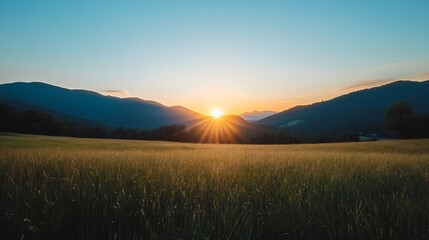 Fototapete - Breathtaking Sunrise Over Mountain Landscape with Golden Fields Under Clear Sky : Generative AI