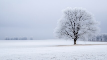 Poster - Stunning winter landscape featuring a solitary frostcovered tree on a serene snowy field under a gray sky : Generative AI