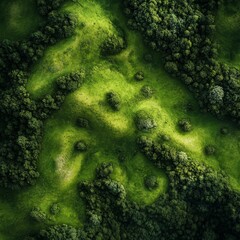 Poster - Aerial View of Lush Green Meadow and Forest: A Verdant Tapestry of Nature's Beauty