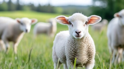 Poster - Adorable fluffy lamb frolicking in a green field with a curious expression and a sunny backdrop : Generative AI