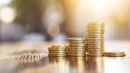Leinwandbilder - Piles of shiny coins stacked on a wooden table during sunset for financial concepts : Generative AI