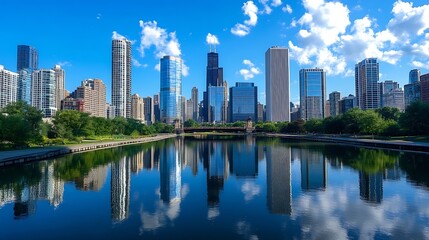 Poster - Modern City Skyline Reflected on Calm Water Under Bright Blue Sky with Clouds : Generative AI