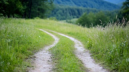 Canvas Print - Picturesque rural landscape with winding dirt road through green grass and lush trees : Generative AI