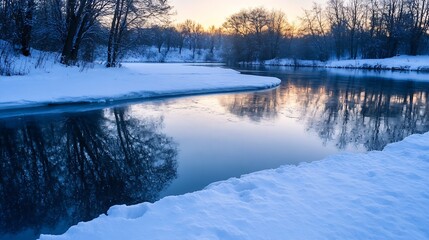 Poster - Serene Winter River Landscape at Sunset with Reflections on Calm Water in Snowy Environment : Generative AI