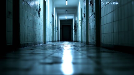Aufkleber - Eerie corridor illuminated with haunting light creating an unsettling atmosphere : Generative AI