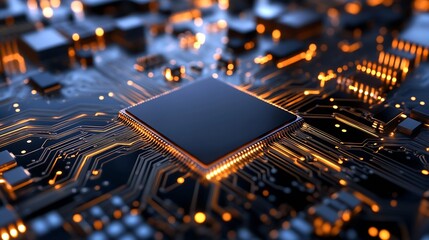 Fototapete - Close Up of Computer Chip Surface with Glowing Connections : Generative AI