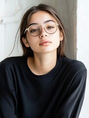 Poster - Beautiful Young Woman at Home with Glasses Showcasing Youthful Natural Beauty and Confidence : Generative AI