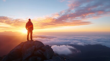 Poster - Inspiring sunset view of a man standing on a rock overlooking the clouds in the mountains : Generative AI