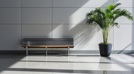 Leinwandbilder - Modern indoor seating area with a sleek bench and potted palm in bright sunlight : Generative AI