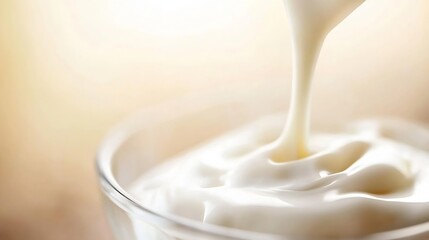 Aufkleber - Creamy texture of fresh yogurt pouring into a clear glass bowl with a soft background : Generative AI