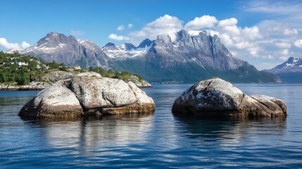 Poster - Majestic Rocky Islands Surrounded by Calm Waters with Snowy Mountains in Background : Generative AI