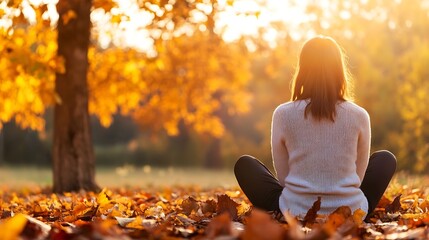 Aufkleber - Young woman enjoying a moment of solitude sitting among vibrant autumn leaves at sunset : Generative AI