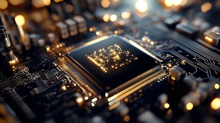 Fototapete - Close Up of Modern Computer Processor on Circuit Board with Golden Lights for Tech Focus : Generative AI