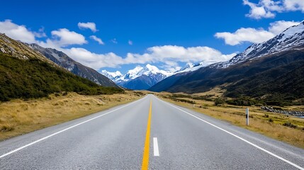 Aufkleber - Scenic Mountain Road with Clear Blue Sky and Snowy Peaks in the Background : Generative AI