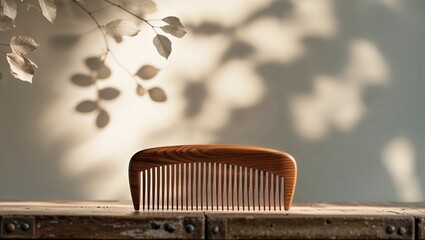 Poster - elegant wooden comb positioned on a rustic table with soft shadows from leaves in a serene setting